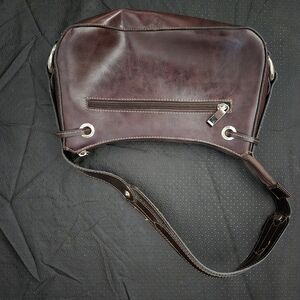 Brown Vinyl Shoulder Bag with Metal Hardware